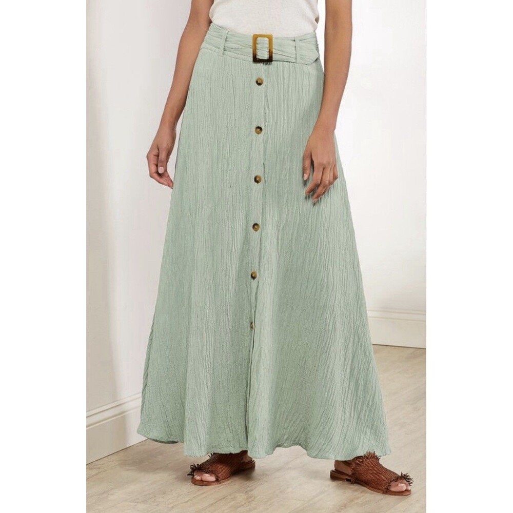 Soft Surroundings Maxi Skirt XS Gauze Belt Sage Green Button Front Beach Coastal